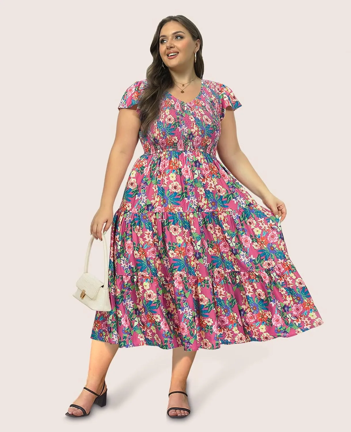 2025 Women's Plus Size Casual Dress V Neck Short Sleeve Summer Maxi Smocked Dresses