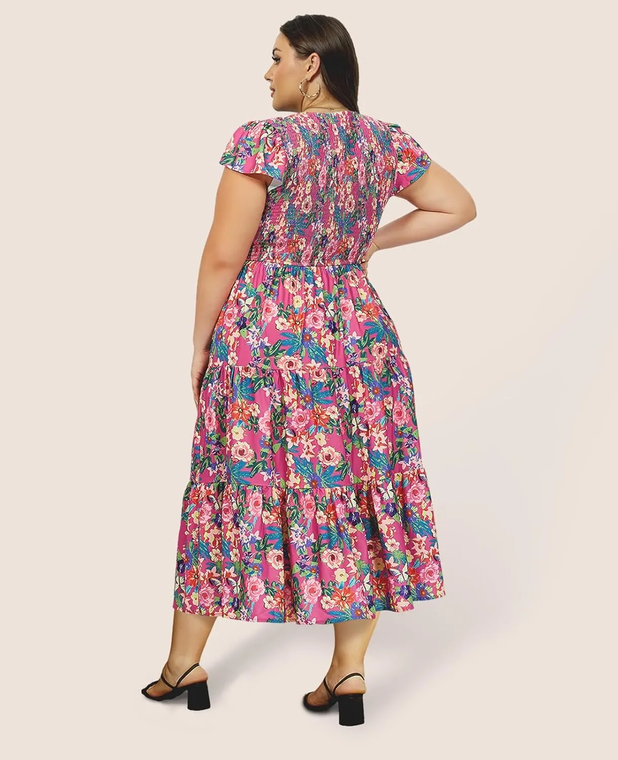 2025 Women's Plus Size Casual Dress V Neck Short Sleeve Summer Maxi Smocked Dresses