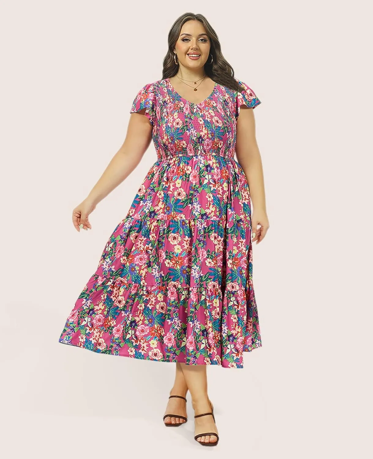 2025 Women's Plus Size Casual Dress V Neck Short Sleeve Summer Maxi Smocked Dresses
