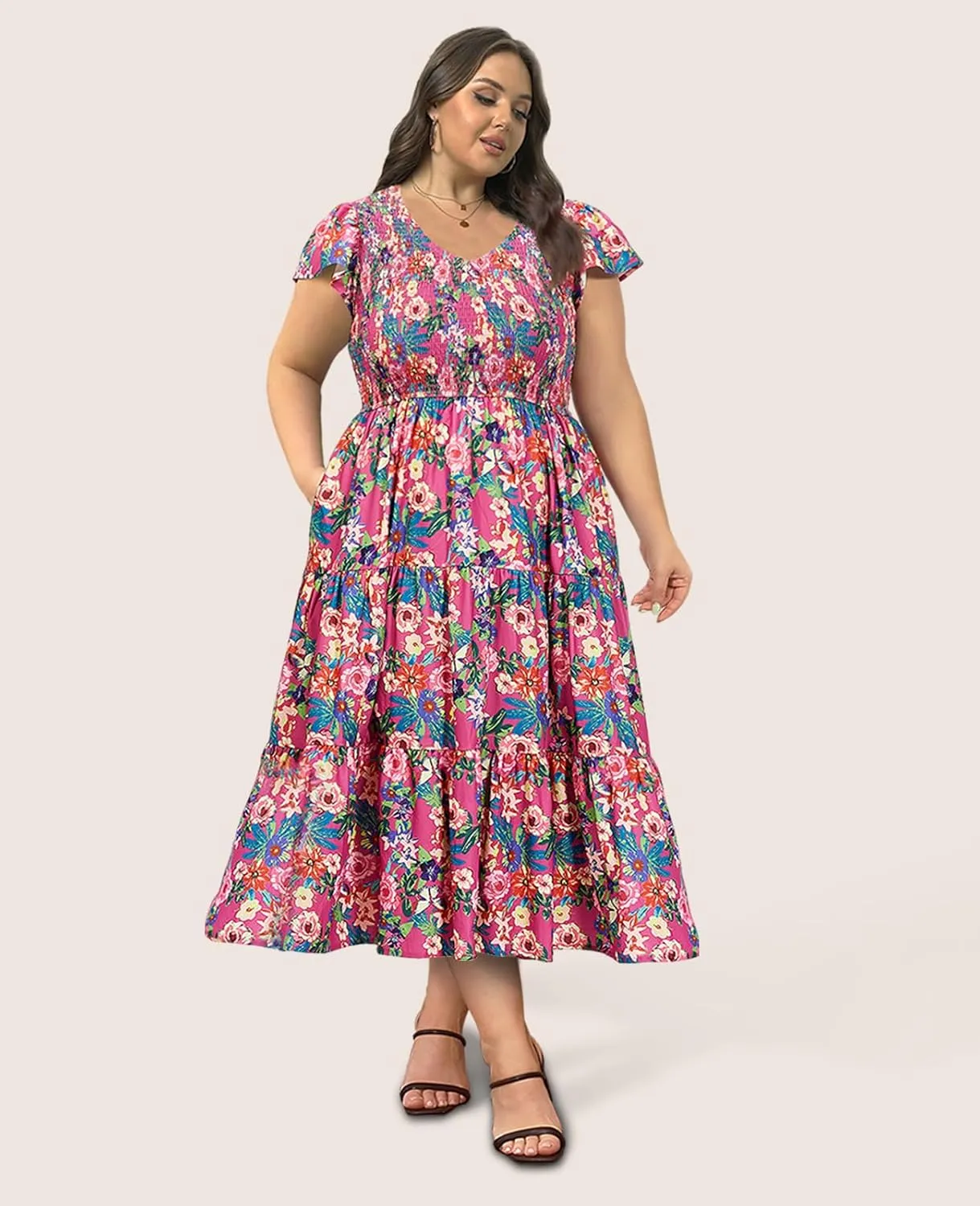 2025 Women's Plus Size Casual Dress V Neck Short Sleeve Summer Maxi Smocked Dresses