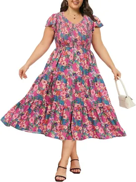 2025 Women's Plus Size Casual Dress V Neck Short Sleeve Summer Maxi Smocked Dresses