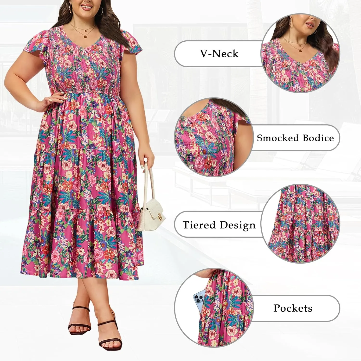 2025 Women's Plus Size Casual Dress V Neck Short Sleeve Summer Maxi Smocked Dresses