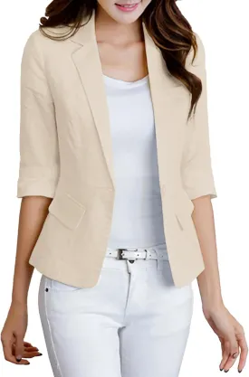 2025 Women's Summer Linen Blazer 3/4 Sleeve Lightweight Fully-Lined Slim Elegant Casual Work Jacket with Pockets