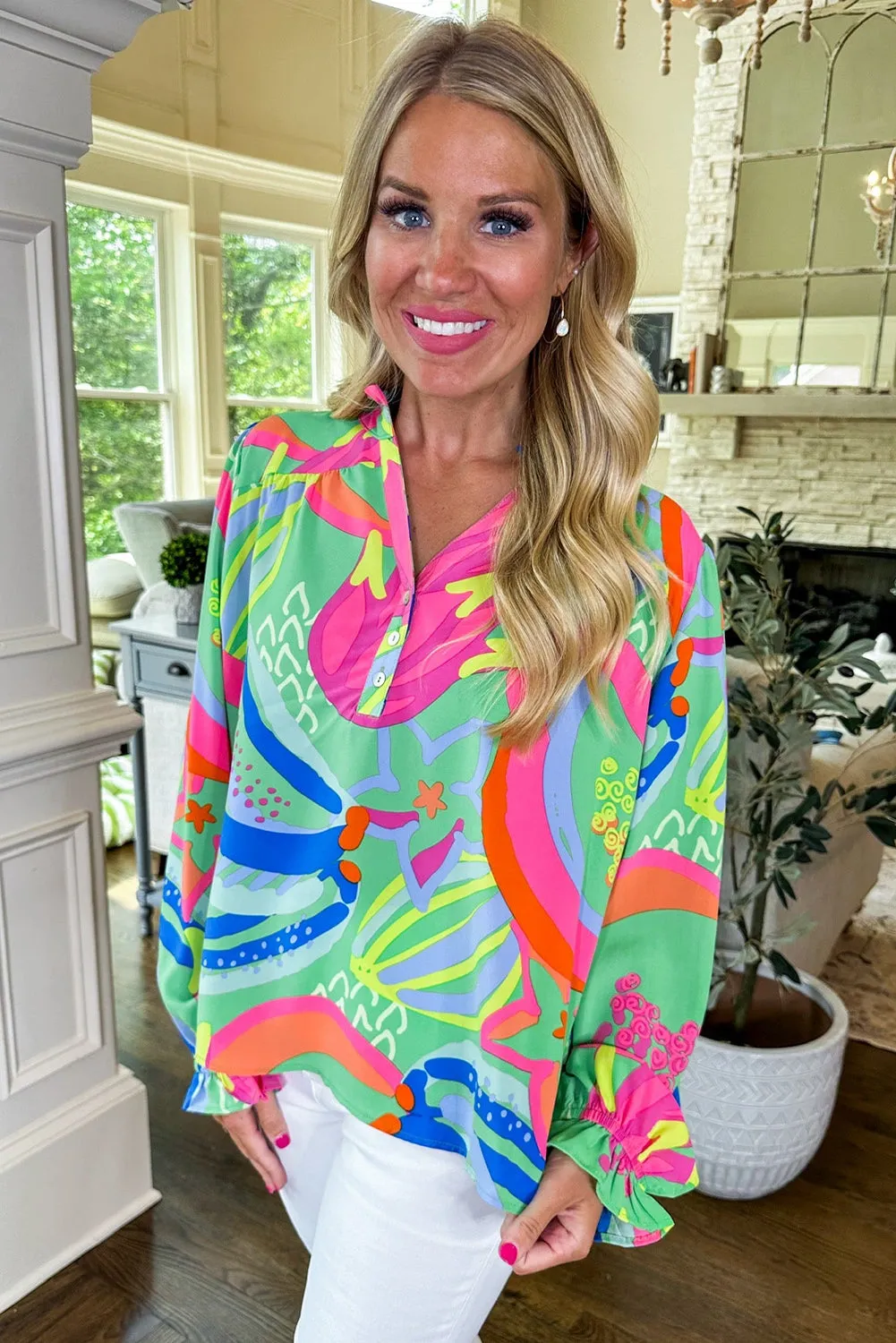 Abstract Print Ruffled Sleeve Buttoned V-Neck Blouse