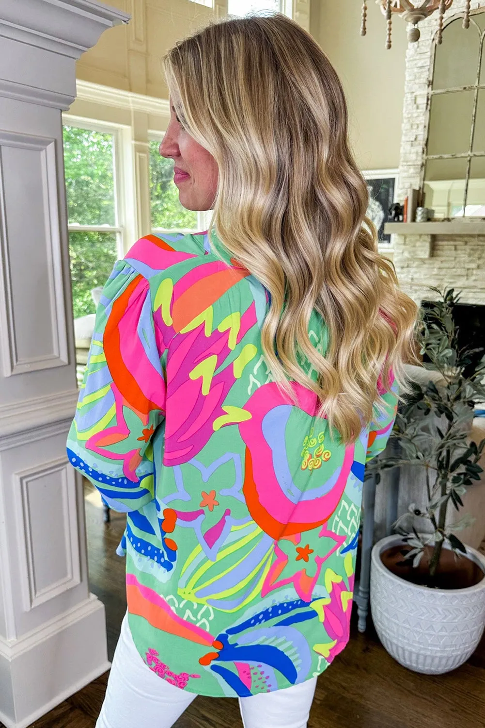 Abstract Print Ruffled Sleeve Buttoned V-Neck Blouse