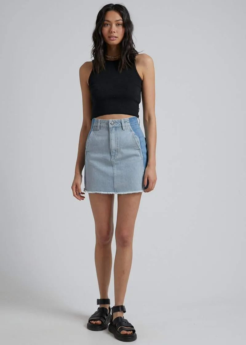 Afends Stevie Hemp Denim Panelled Skirt Stone Classic