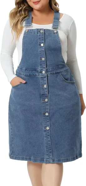 Agnes Orinda Plus Size Denim Overall Dress for Women Button Front Adjustable Strap Suspender Skirt
