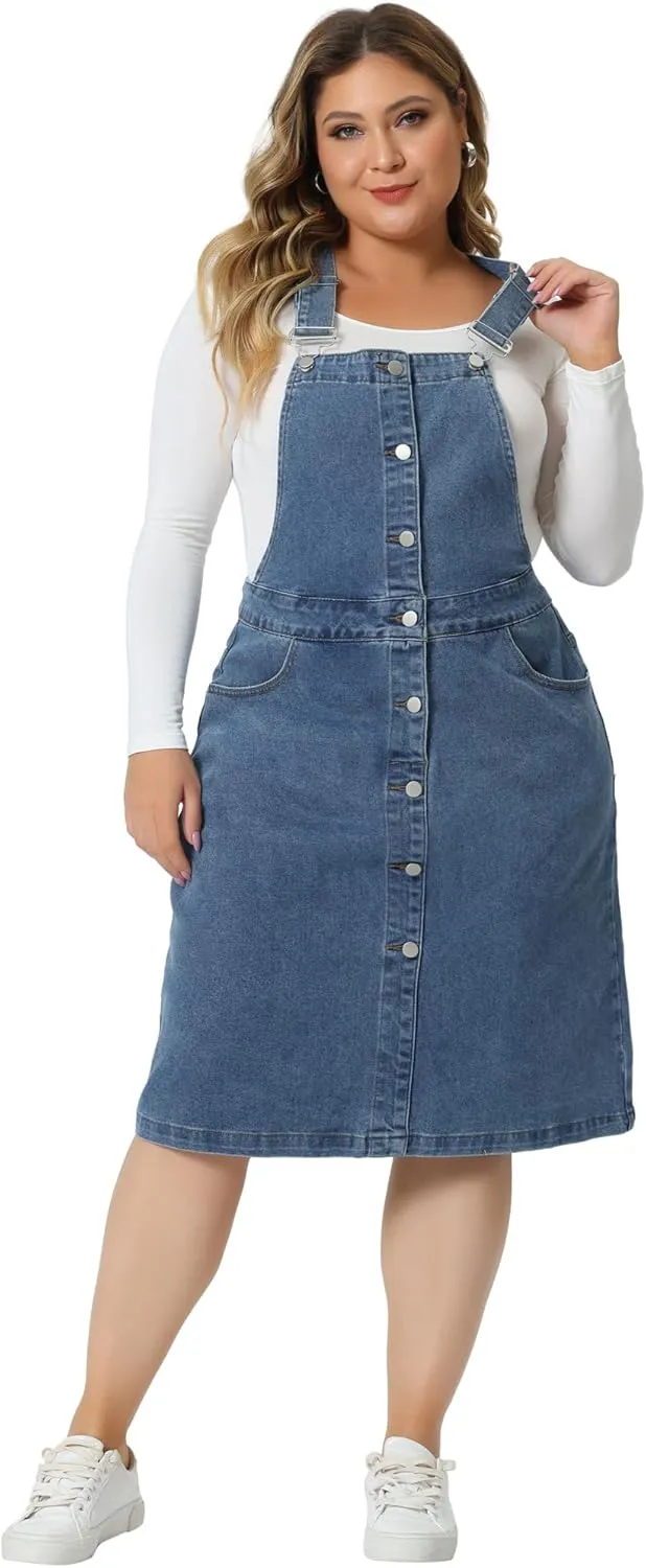 Agnes Orinda Plus Size Denim Overall Dress for Women Button Front Adjustable Strap Suspender Skirt