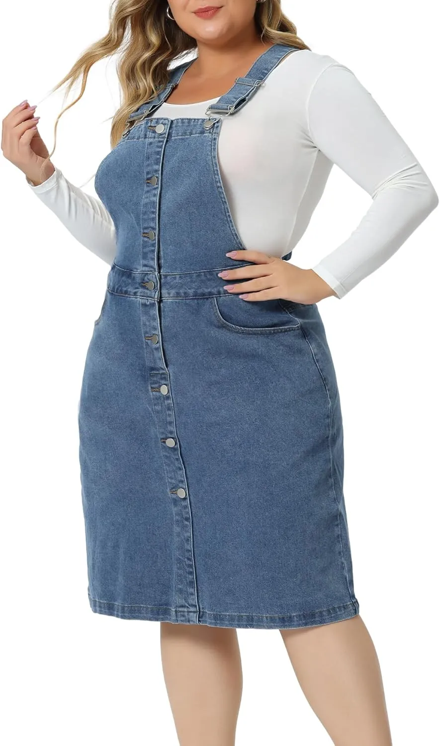 Agnes Orinda Plus Size Denim Overall Dress for Women Button Front Adjustable Strap Suspender Skirt