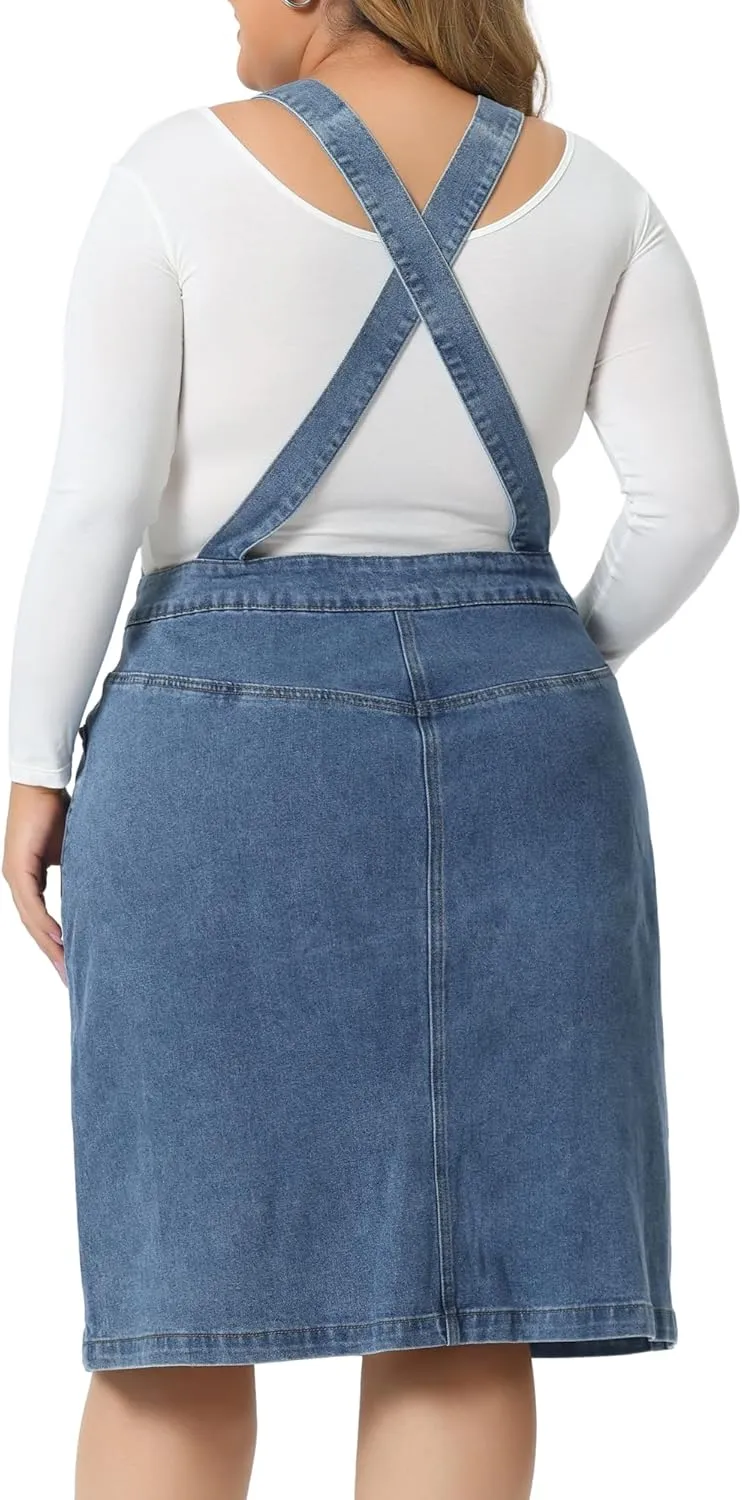Agnes Orinda Plus Size Denim Overall Dress for Women Button Front Adjustable Strap Suspender Skirt
