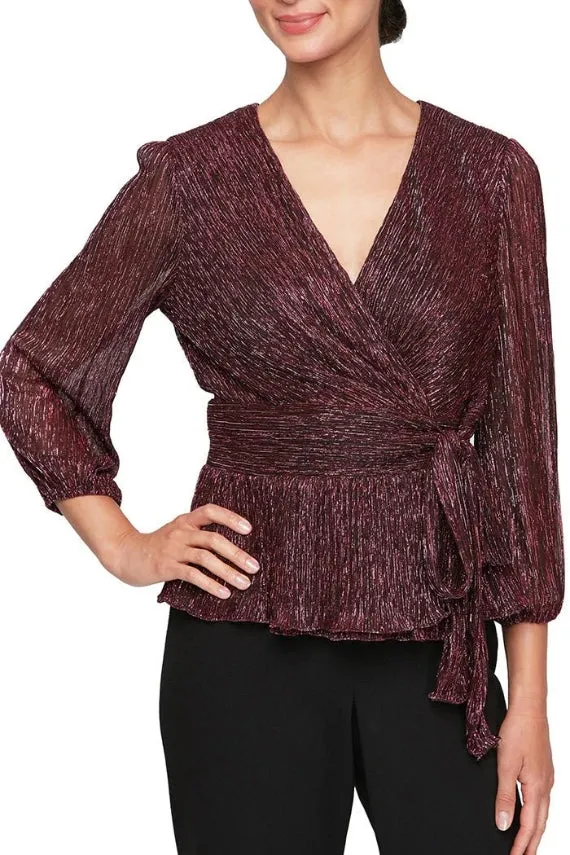 Alex Evenings Surplice Blouse with Tie Waist & Balloon Sleeves