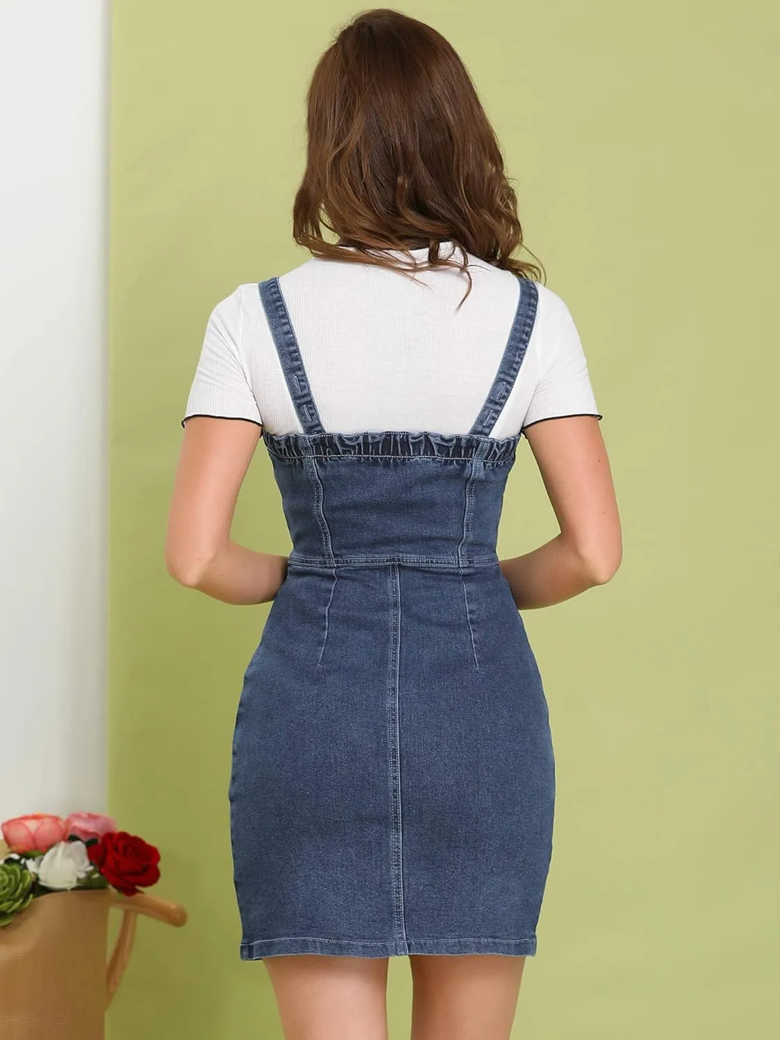 Allegra K Women's Button Front Classic Adjustable Strap Overall Denim Mini Dress