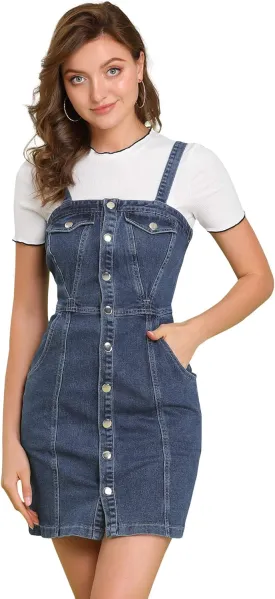 Allegra K Women's Button Front Classic Adjustable Strap Overall Denim Mini Dress