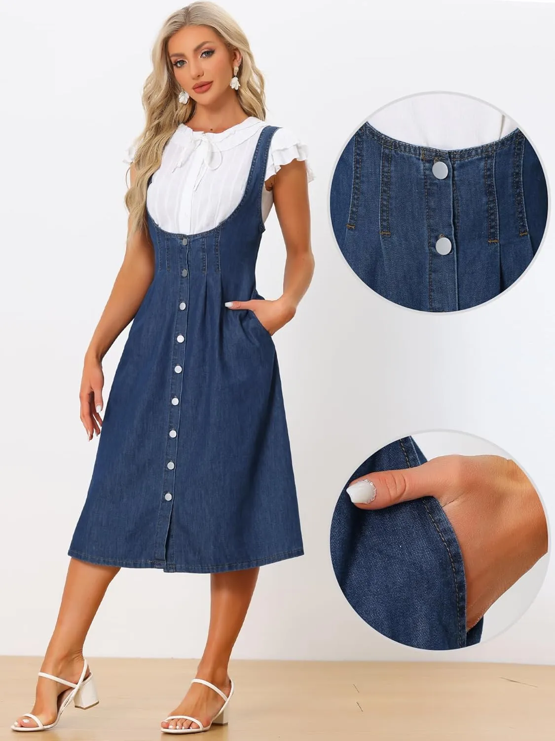 Allegra K Women's Denim Overall Dress Jean Sleeveless 2025 Suspenders Skirt Overall Button Dress with Pocket