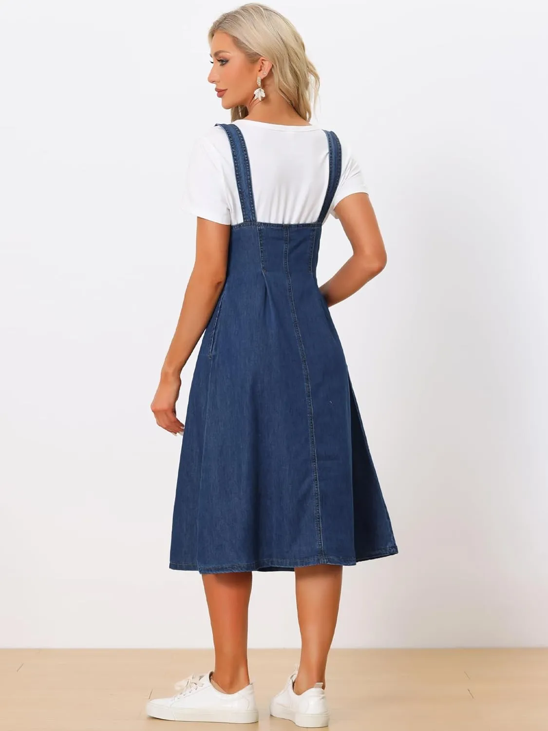 Allegra K Women's Denim Overall Dress Jean Sleeveless 2025 Suspenders Skirt Overall Button Dress with Pocket