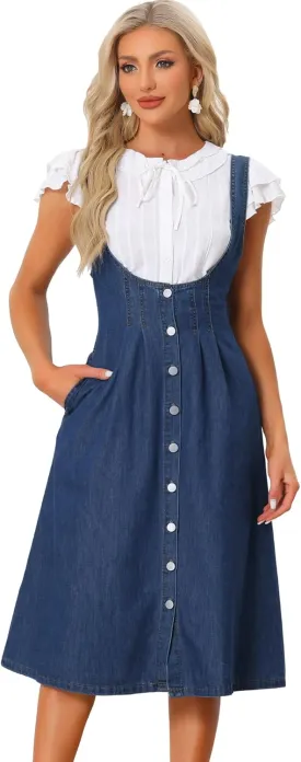 Allegra K Women's Denim Overall Dress Jean Sleeveless 2025 Suspenders Skirt Overall Button Dress with Pocket