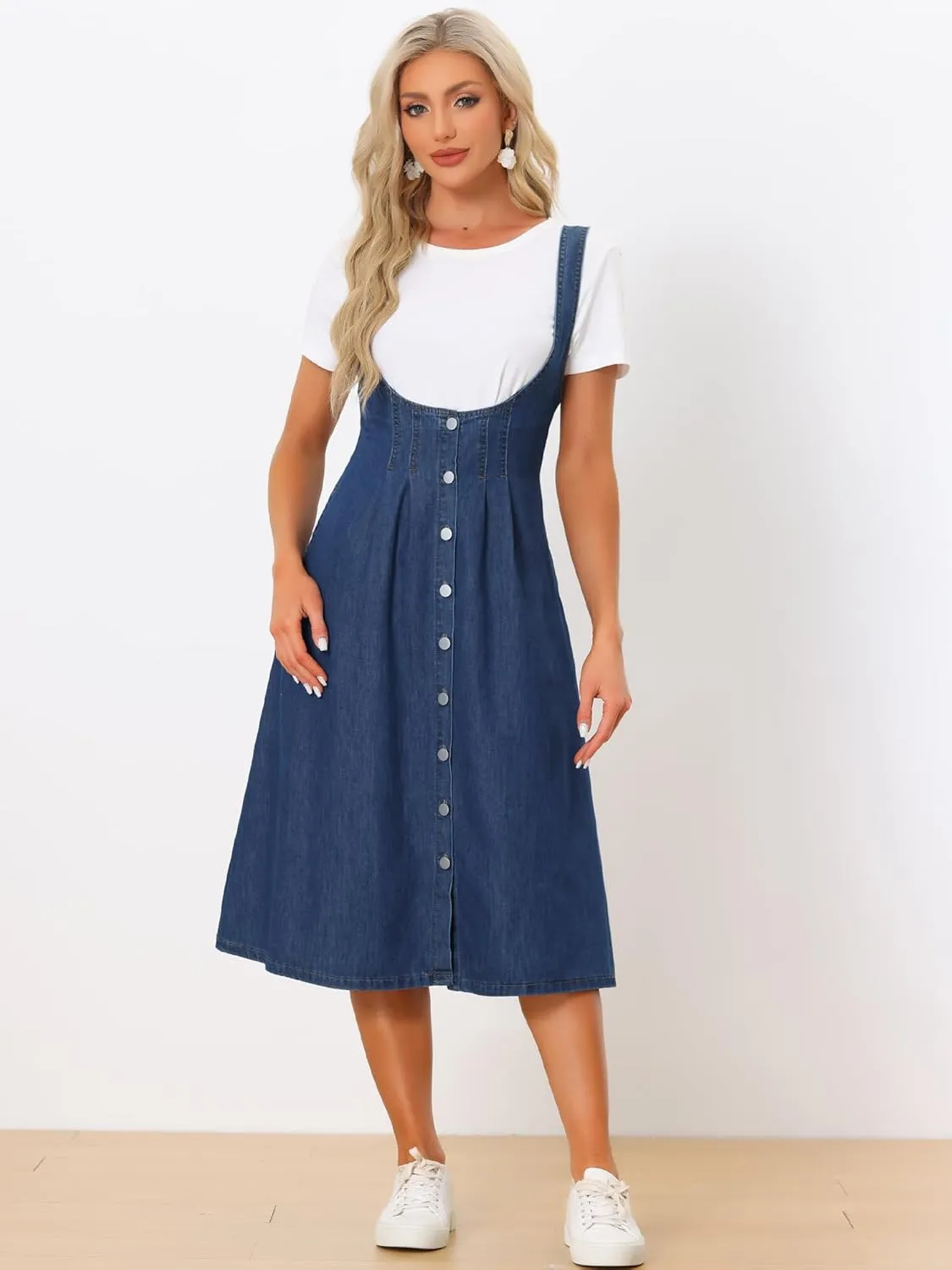Allegra K Women's Denim Overall Dress Jean Sleeveless 2025 Suspenders Skirt Overall Button Dress with Pocket