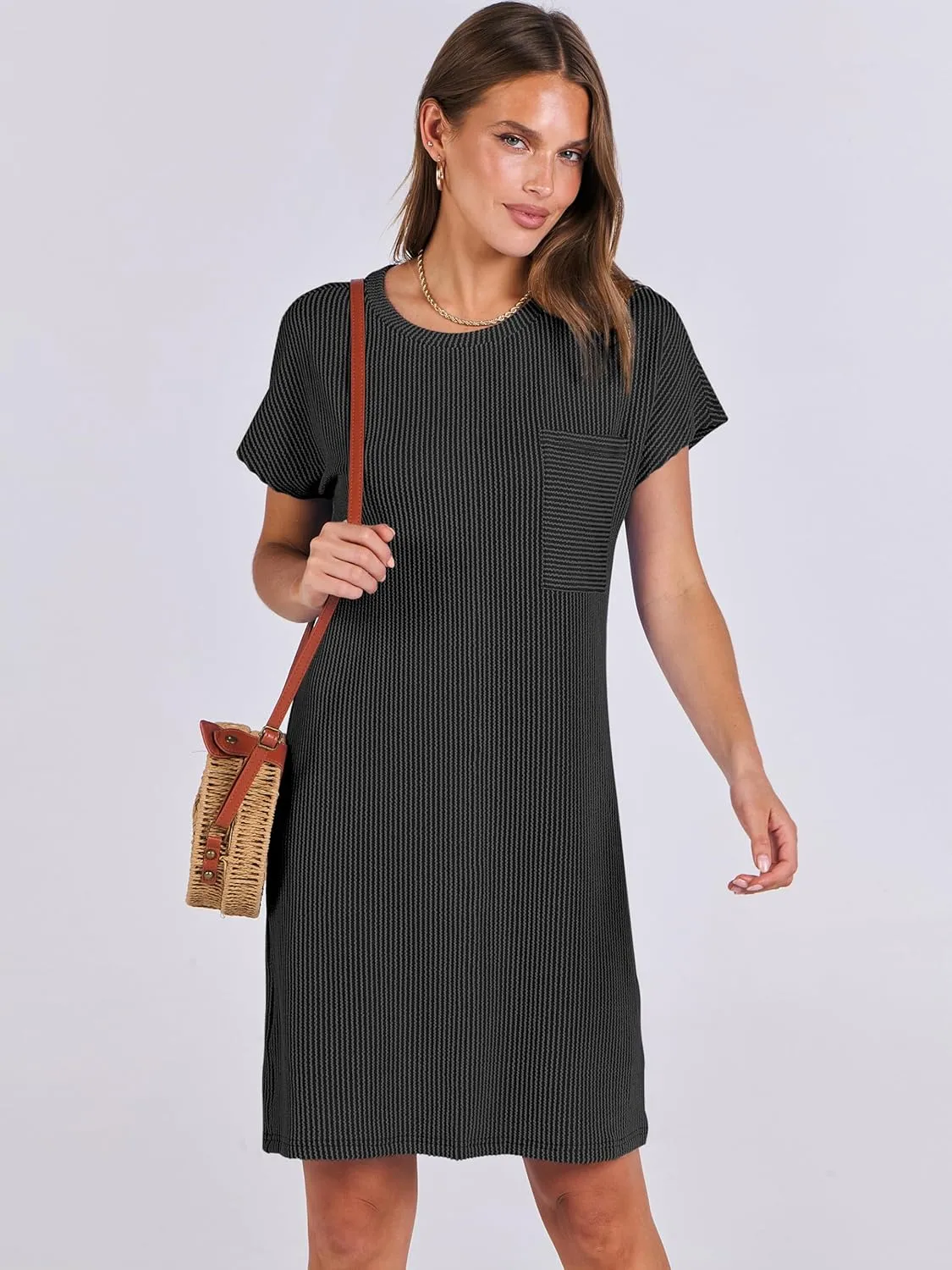 ANRABESS Womens Casual Summer Ribbed Knit Tunic Tshirt Mini Dresses 2025 Trendy Crewneck Short Sleeve Beach Loose Shift Dress