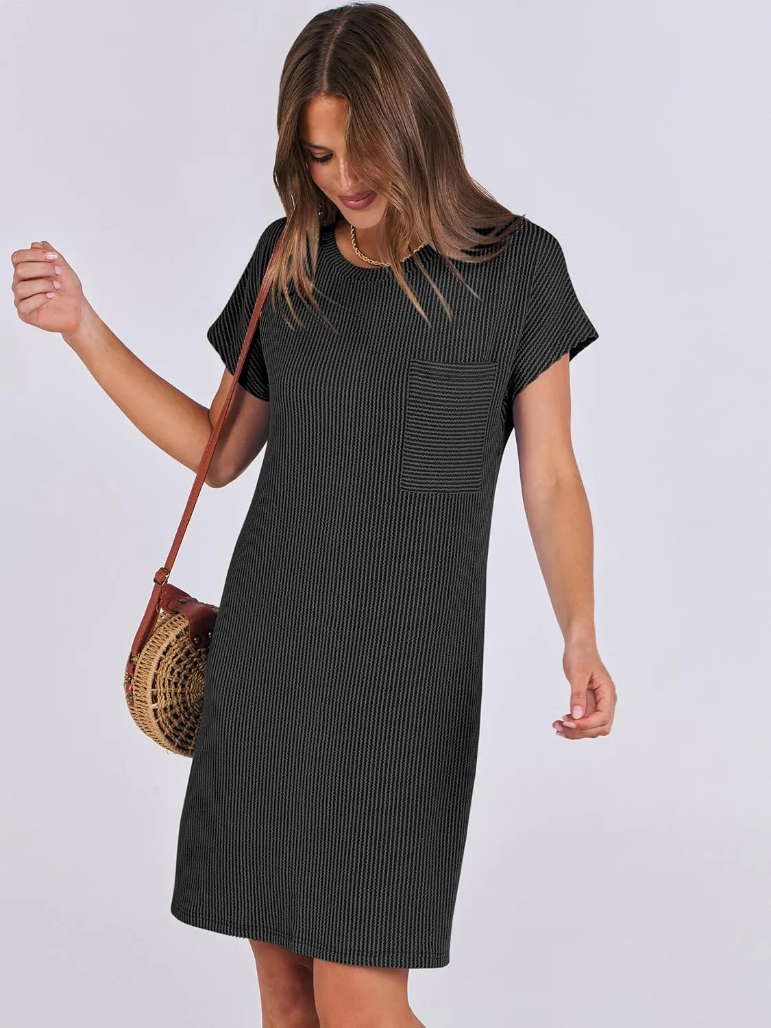 ANRABESS Womens Casual Summer Ribbed Knit Tunic Tshirt Mini Dresses 2025 Trendy Crewneck Short Sleeve Beach Loose Shift Dress