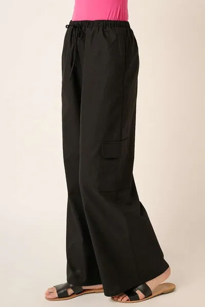 Black Linen Wide Leg Elastic Waist Cargo Pants
