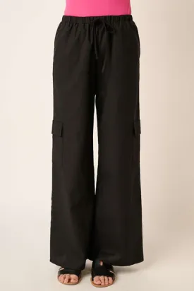 Black Linen Wide Leg Elastic Waist Cargo Pants
