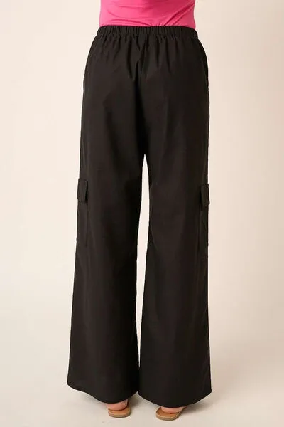 Black Linen Wide Leg Elastic Waist Cargo Pants