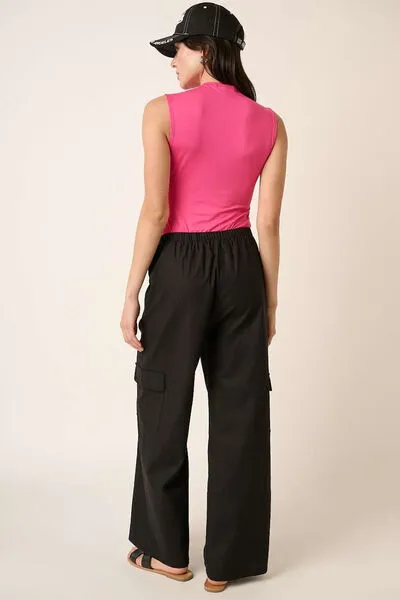 Black Linen Wide Leg Elastic Waist Cargo Pants