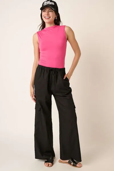 Black Linen Wide Leg Elastic Waist Cargo Pants