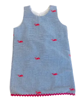 Blue Gingham Seersucker Dress with Red Embroidered Whales