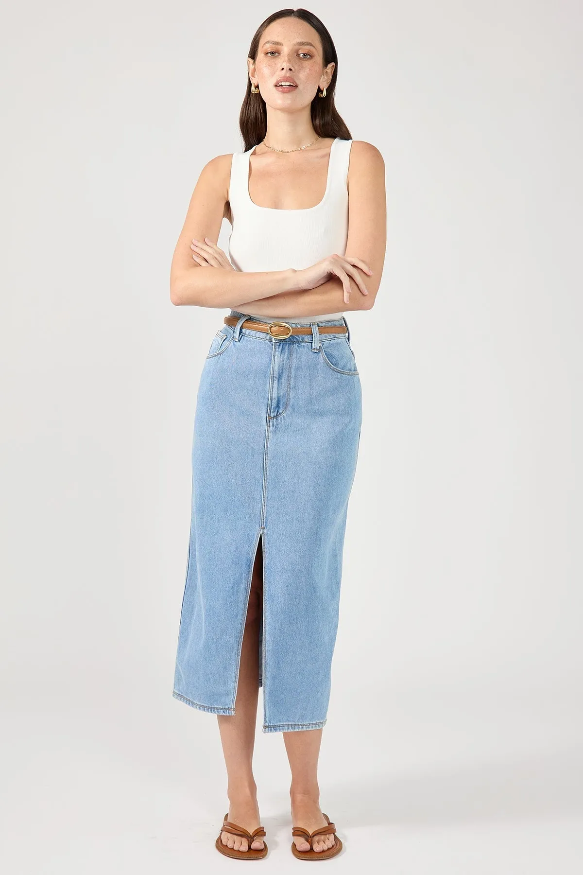 Blue High-Waist Split Denim Midi Skirt