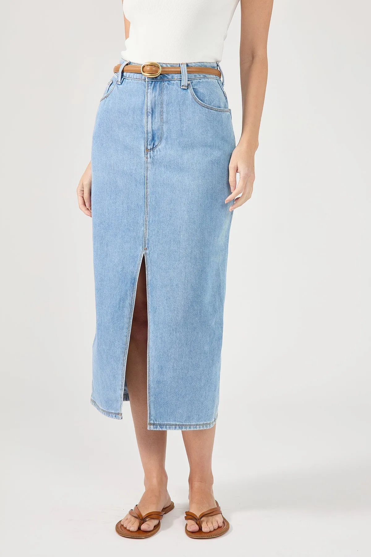 Blue High-Waist Split Denim Midi Skirt