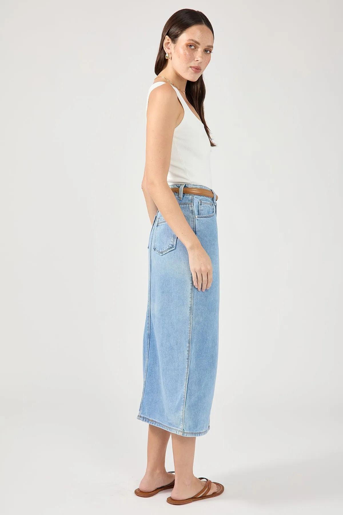 Blue High-Waist Split Denim Midi Skirt
