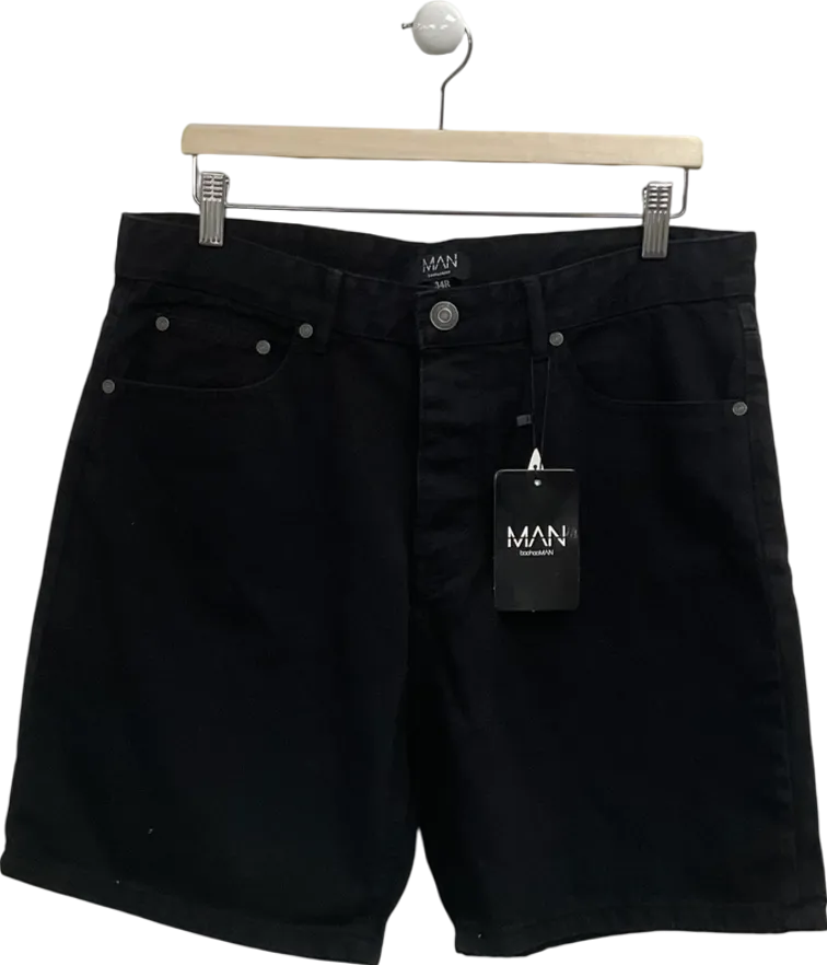 boohooMan Black Relaxed Fit Rigid Denim Shorts UK M
