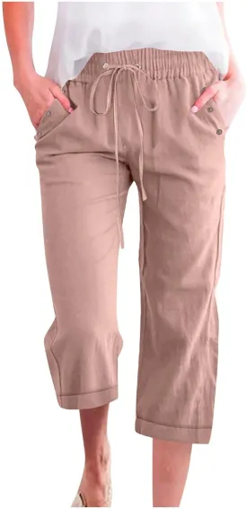 Capri Linen Pants for Women Cotton Casual Summer Capris Drawstring High Waist Pants Wide Leg Buttons Cropped Trousers