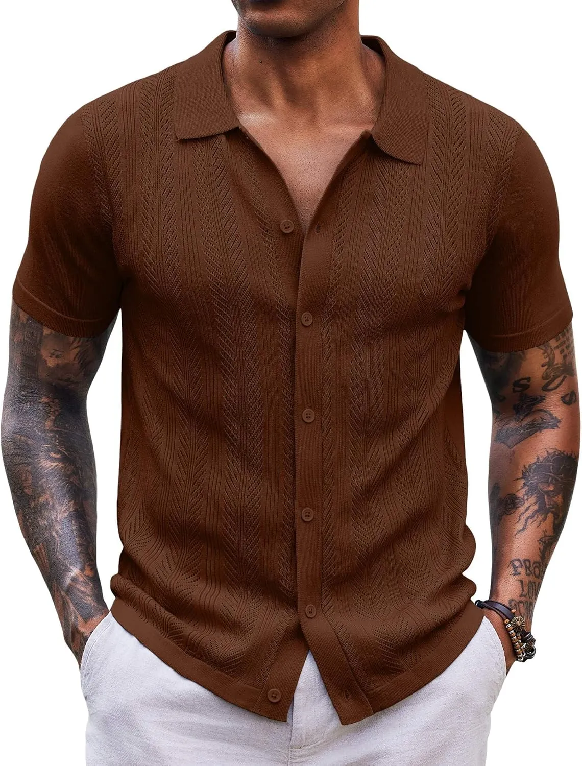 COOFANDY Mens Knit Button Down Shirts Short Sleeve Vintage Polo Shirt Casual Vacation Beach Shirts