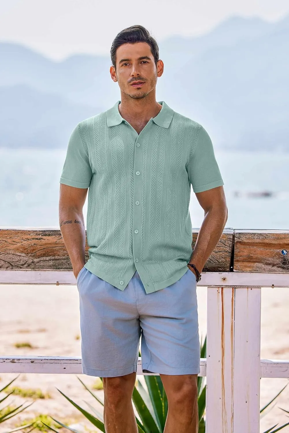 COOFANDY Mens Knit Button Down Shirts Short Sleeve Vintage Polo Shirt Casual Vacation Beach Shirts