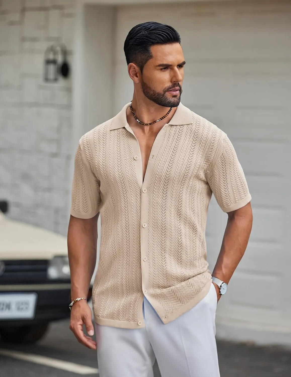 COOFANDY Mens Knit Shirt 2025 Short Sleeve Casual Button Down Shirt Summer Beach Vacation Shirts