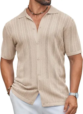 COOFANDY Mens Knit Shirt 2025 Short Sleeve Casual Button Down Shirt Summer Beach Vacation Shirts