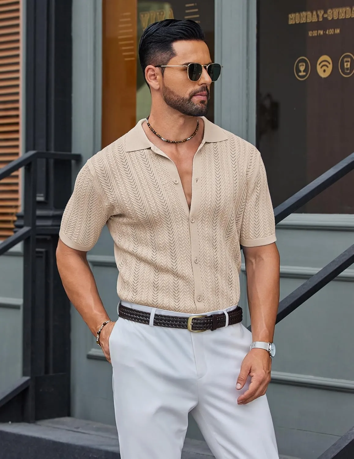COOFANDY Mens Knit Shirt 2025 Short Sleeve Casual Button Down Shirt Summer Beach Vacation Shirts