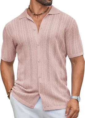 COOFANDY Mens Knit Shirt 2025 Short Sleeve Casual Button Down Shirt Summer Beach Vacation Shirts