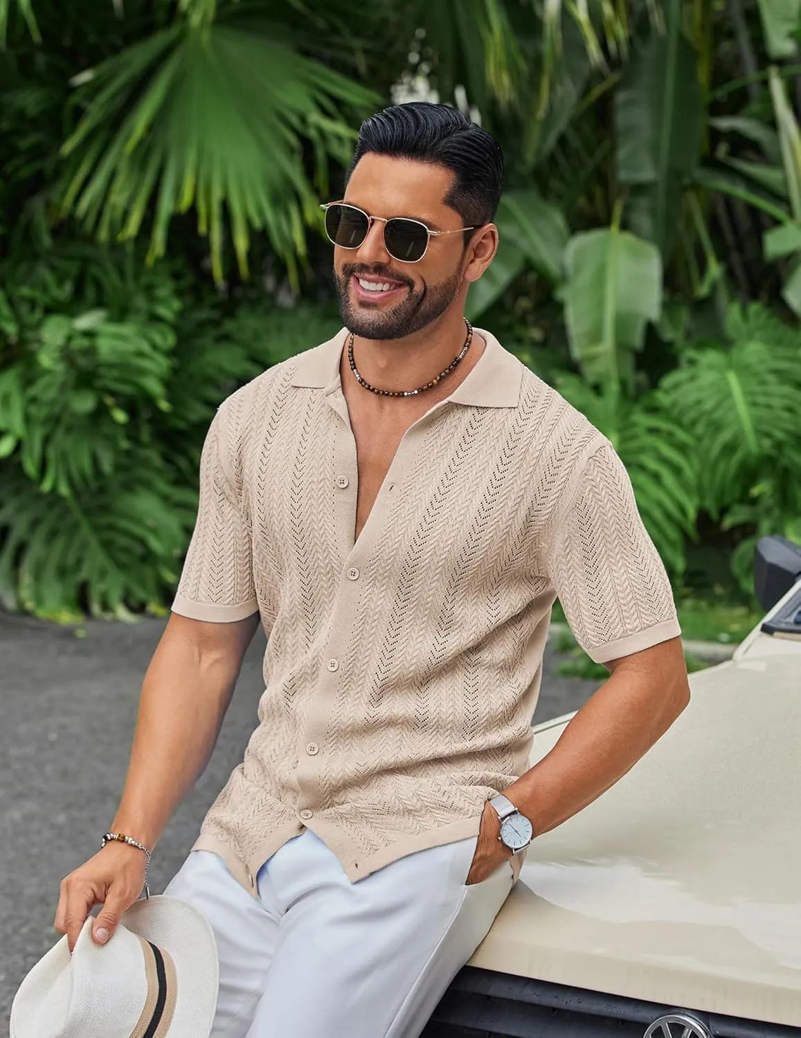 COOFANDY Mens Knit Shirt 2025 Short Sleeve Casual Button Down Shirt Summer Beach Vacation Shirts