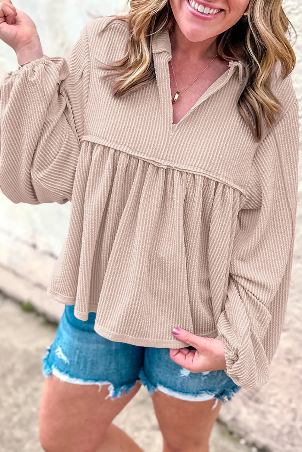Corded V-Neck Bubble Sleeve Blouse