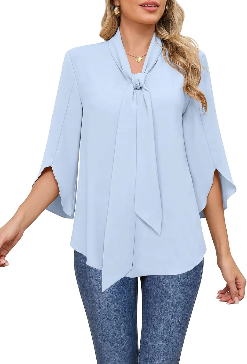 DB MOON Womens 2025 Chiffon Blouses 3/4 Sleeve Shirts Tie Neck Bell Sleeve Dressy Tops