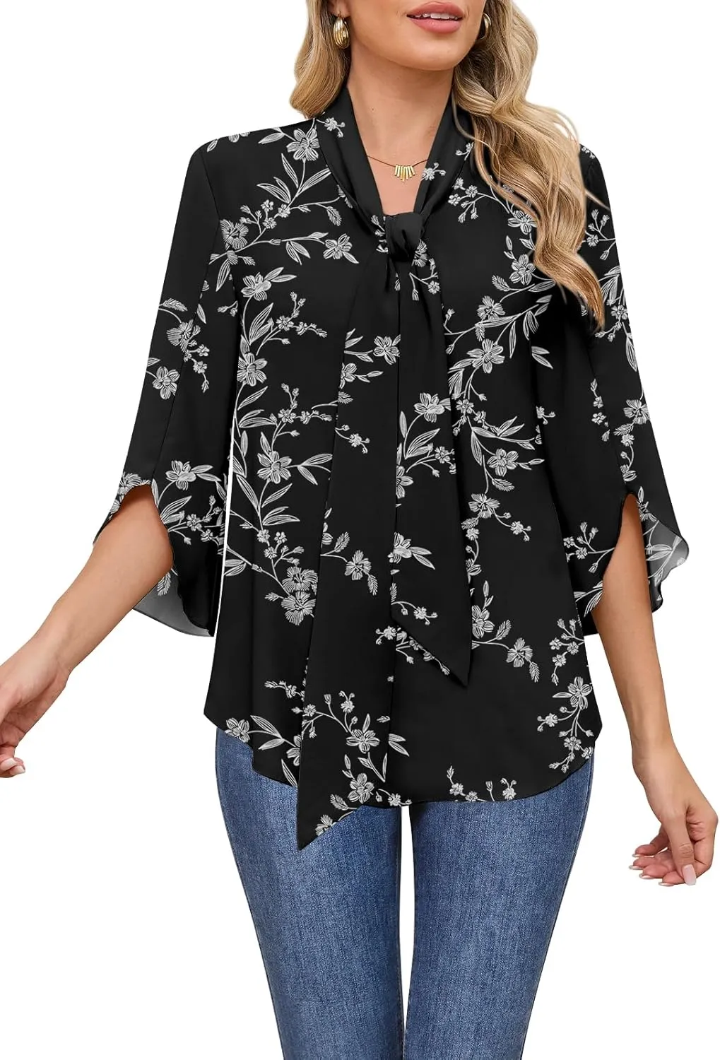 DB MOON Womens 2025 Chiffon Blouses 3/4 Sleeve Shirts Tie Neck Bell Sleeve Dressy Tops