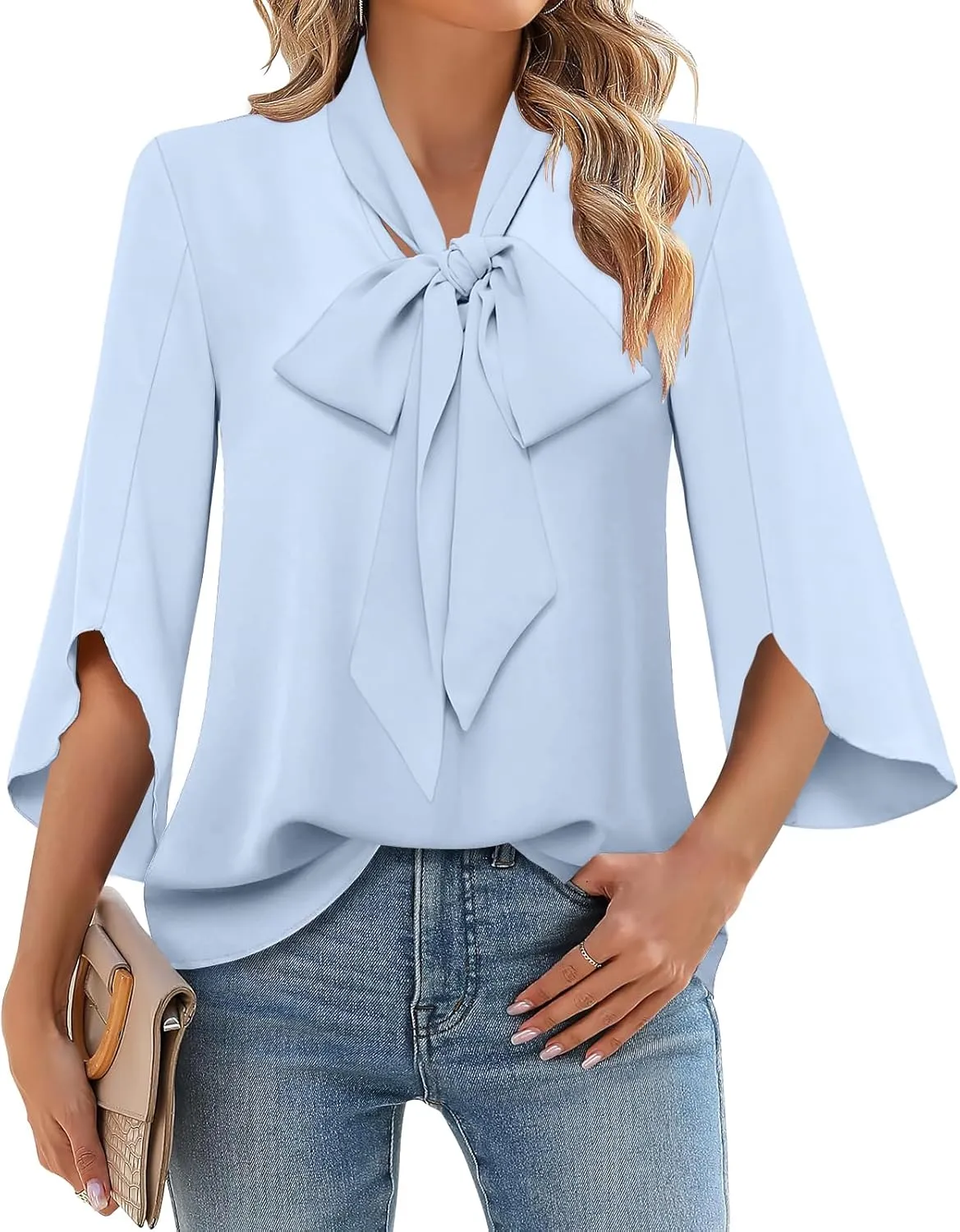 DB MOON Womens 2025 Chiffon Blouses 3/4 Sleeve Shirts Tie Neck Bell Sleeve Dressy Tops