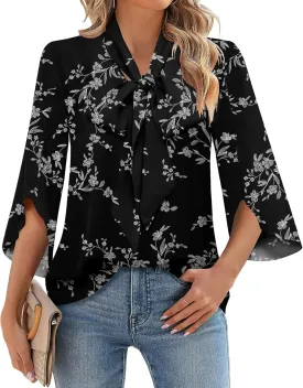 DB MOON Womens 2025 Chiffon Blouses 3/4 Sleeve Shirts Tie Neck Bell Sleeve Dressy Tops