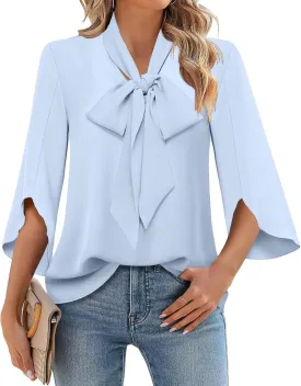 DB MOON Womens 2025 Chiffon Blouses 3/4 Sleeve Shirts Tie Neck Bell Sleeve Dressy Tops