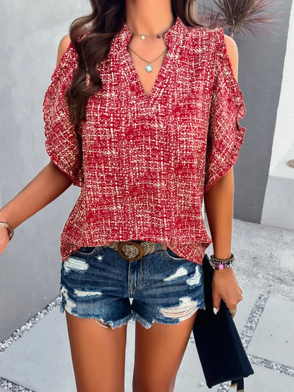 Delaina Feminine Casual V-Neck Off-The-Shoulder Top Blouse