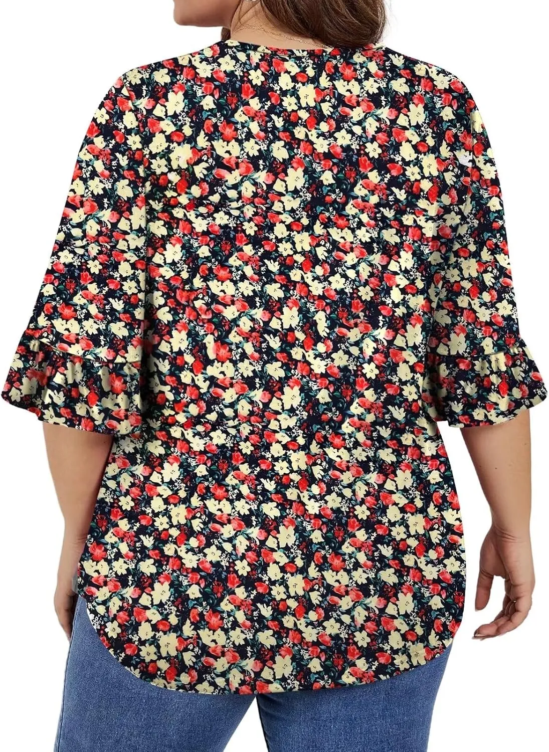DOLNINE Plus-Size-Tops for Women Flowy Pleating V Neck Shirts Cute Ruffle 3/4 Length Sleeve Tunics Dressy Casual Blouses