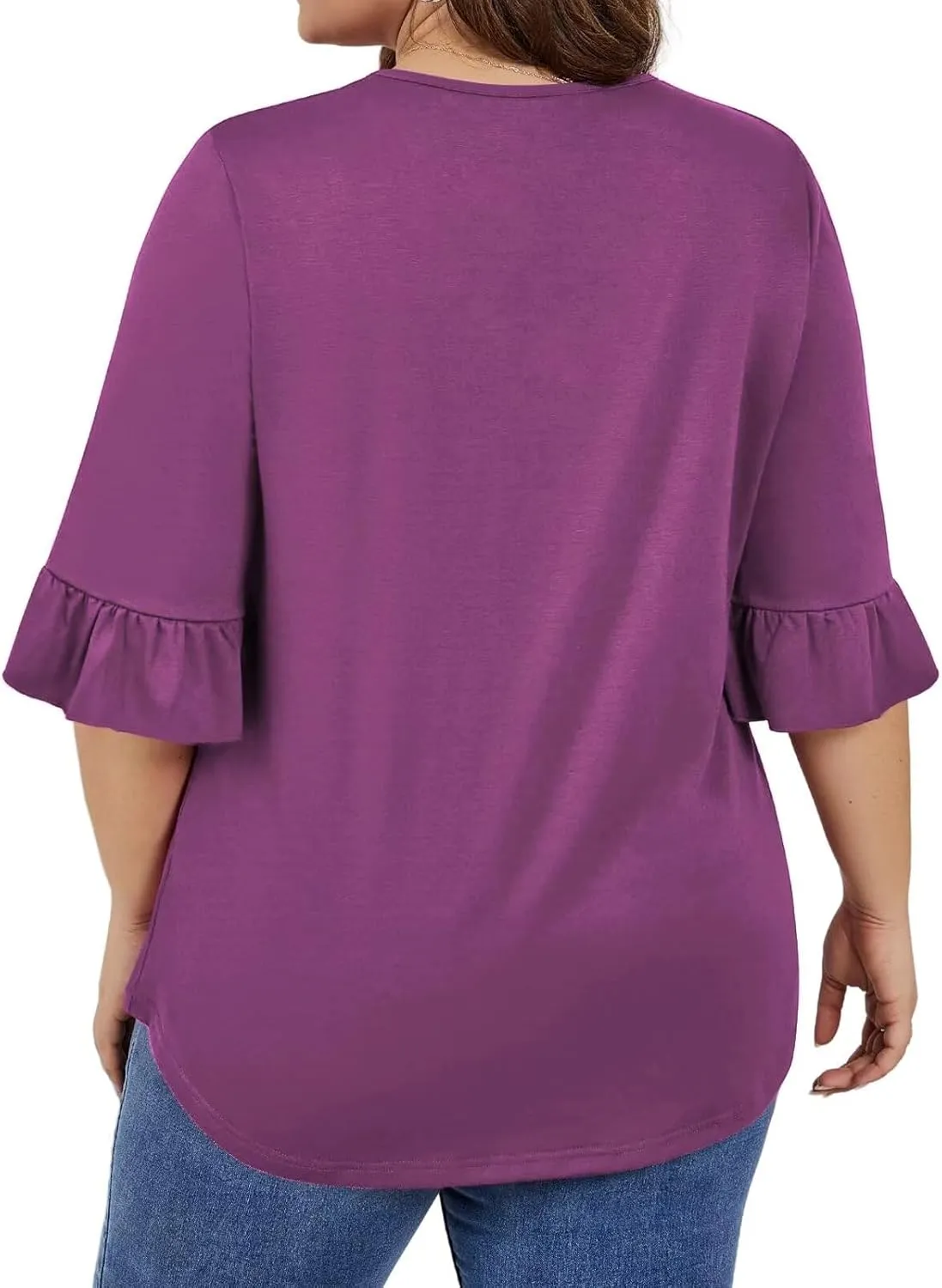 DOLNINE Plus-Size-Tops for Women Flowy Pleating V Neck Shirts Cute Ruffle 3/4 Length Sleeve Tunics Dressy Casual Blouses